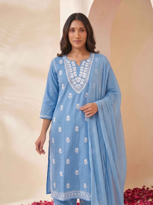 Miravan Womens Blue Embroidered Kurta with palazzo and Dupatta Set