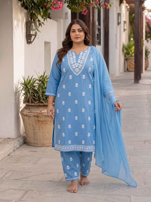Miravan Womens plus size Blue Embroidered Kurta with palazzo and Dupatta Suit Set