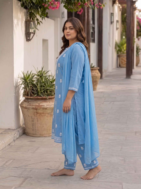 Miravan Womens plus size Blue Embroidered Kurta with palazzo and Dupatta Suit Set