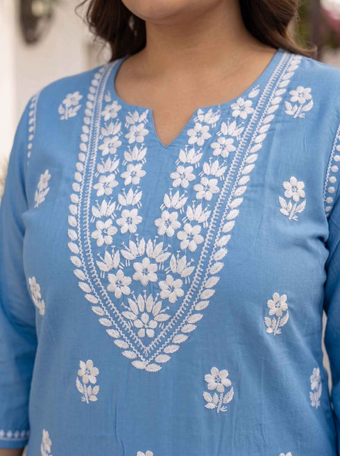 Miravan Womens plus size Blue Embroidered Kurta with palazzo and Dupatta Suit Set