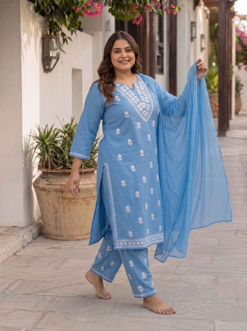 Miravan Womens plus size Blue Embroidered Kurta with palazzo and Dupatta Suit Set