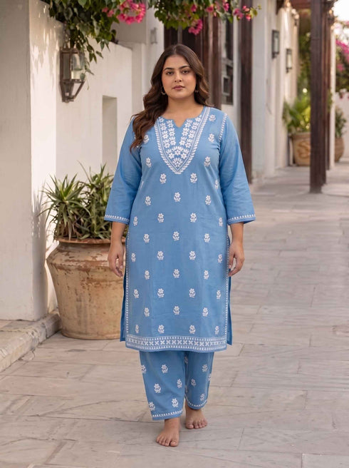 Miravan Womens plus size Blue Embroidered Kurta with palazzo