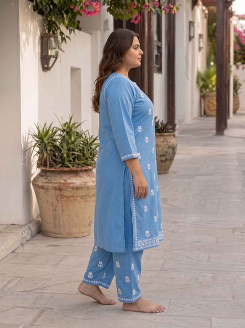 Miravan Womens plus size Blue Embroidered Kurta with palazzo