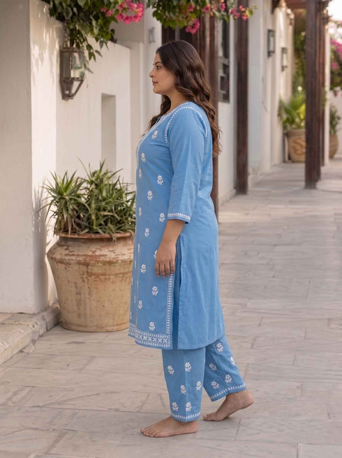 Miravan Womens plus size Blue Embroidered Kurta with palazzo