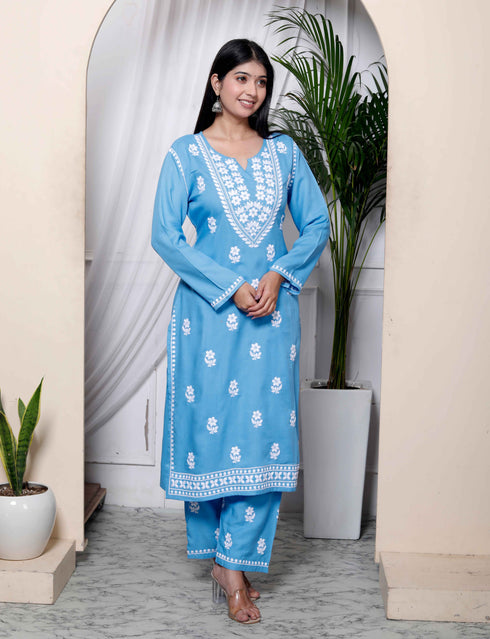 Miravan Womens Chikankari Embroidery Sky Blue Straight Kurta And Palazzo