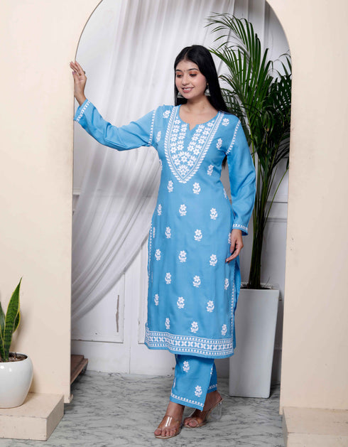 Miravan Womens Chikankari Embroidery Sky Blue Straight Kurta And Palazzo
