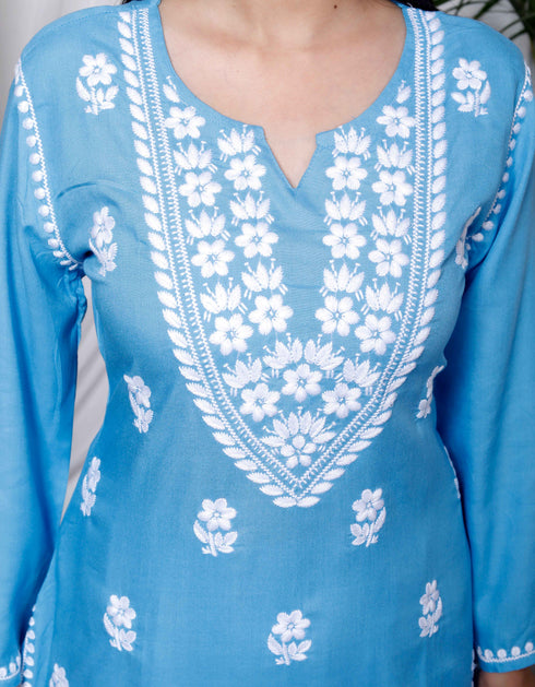 Miravan Womens Chikankari Embroidery Sky Blue Straight Kurta And Palazzo