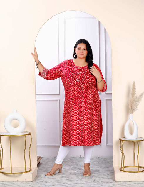 Miravan Womens Plus Size Festive Wear Red Bandhani Printed Straight Kurti