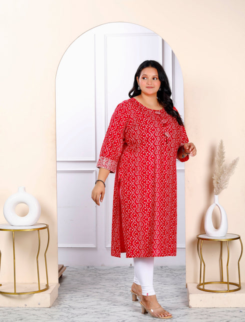 Miravan Womens Plus Size Festive Wear Red Bandhani Printed Straight Kurti
