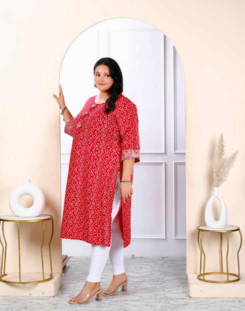Miravan Womens Plus Size Festive Wear Red Bandhani Printed Straight Kurti