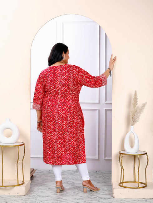 Miravan Womens Plus Size Festive Wear Red Bandhani Printed Straight Kurti