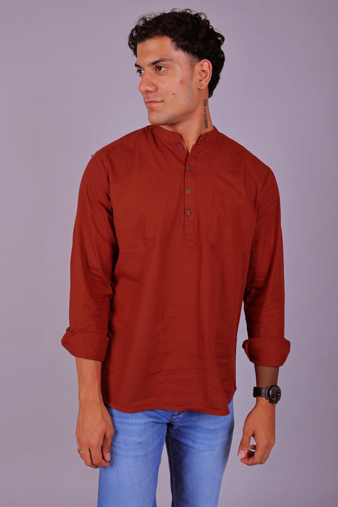 Veshbhoshaa Bluebird Men'S Short Kurta In Red - 100% Pure Cotton