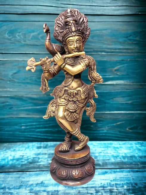Tamas Brass Handcrafted Flute Playing Krishna with Peacock Statue / Idol with Antique Finish (Pack of 1)