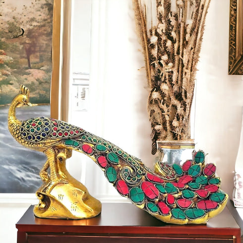 Tamas Antique Finish Brass Handcrafted Peacock Sitting Statue