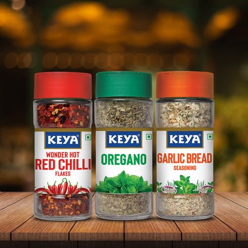 Keyafoods Keya Herb and Seasonings Combo Oregano 15g Garlic Bread Seasoning 50g Red Chilli Flakes 40g Pack of 3