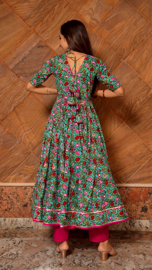 Pomcha Jaipur Surangi Kalidar Taaj Cotton Hand Block Print Anarkali Set With Soft Net Dupatta