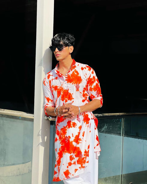 Kzari Orange Rayon Batik Mirror Kurta