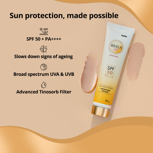 Cipla Rivela Lite Sunscreen SPF 50 PA++++ Weightless Mousse 60g