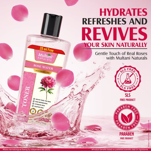 Multani Pharmaceuticals Limited Multani Naturals Rose Water Toner Oily Acne Prone Dry Combination Skin Pore Tightening & Glowing Skin Fades Blemishes Brightens & Smoothens Women & Men SLS & PARABEN FREE