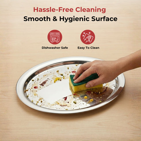 Vinod Stainless Steel Round Service Tray with Highest Grade Steel Mirror Finish Strong and Durable Dishwasher Safe Rust Free