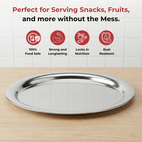 Vinod Stainless Steel Round Service Tray with Highest Grade Steel Mirror Finish Strong and Durable Dishwasher Safe Rust Free