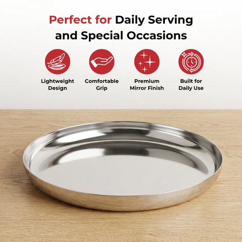 Vinod Stainless Steel Beeding Khumcha Thali Set of 2 29.5 cm Lunch and Dinner Plate High Grade Stainless Steel Mirror Finish Rust Free