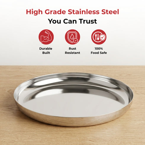 Vinod Stainless Steel Beeding Khumcha Thali Set of 2 29.5 cm Lunch and Dinner Plate High Grade Stainless Steel Mirror Finish Rust Free