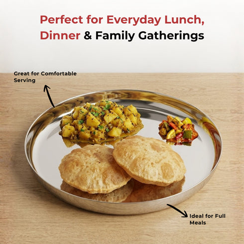 Vinod Stainless Steel Beeding Khumcha Thali Set of 2 29.5 cm Lunch and Dinner Plate High Grade Stainless Steel Mirror Finish Rust Free