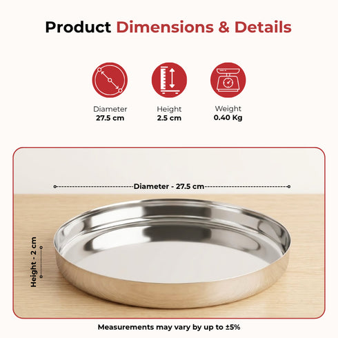 Vinod Stainless Steel Beeding Khumcha Thali Set of 2 27 cm Lunch and Dinner Plate Highest Quality Stainless Steel Mirror Finish Rust Free