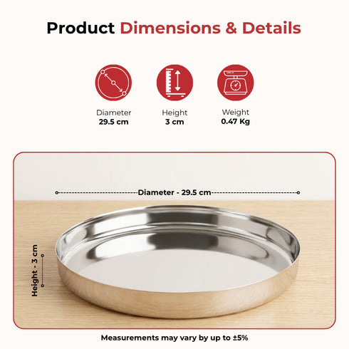 Vinod Stainless Steel Beeding Khumcha Thali Set of 2 29.5 cm Lunch and Dinner Plate High Grade Stainless Steel Mirror Finish Rust Free