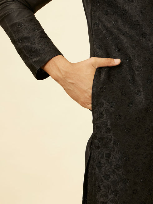 Manyavar Charcoal Black Bel Buti Patterned Kurta Set
