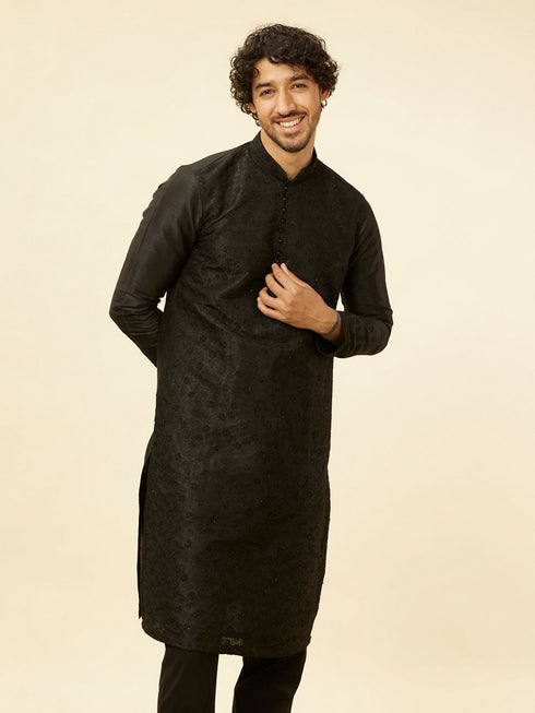 Manyavar Charcoal Black Bel Buti Patterned Kurta Set
