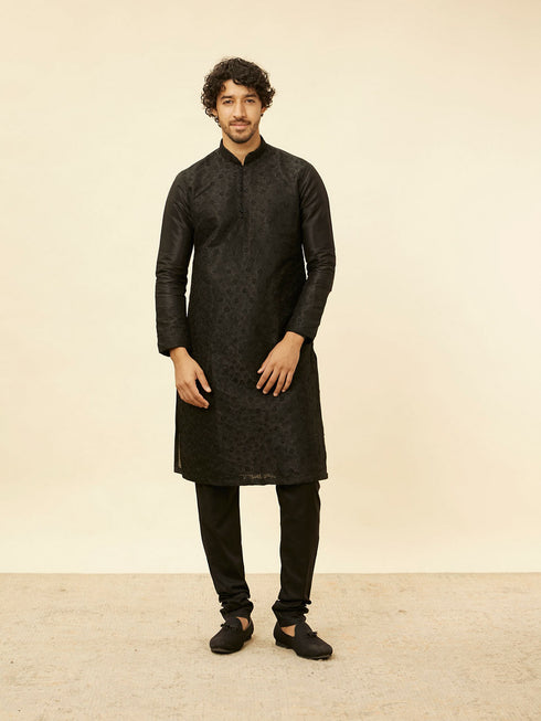 Manyavar Charcoal Black Bel Buti Patterned Kurta Set