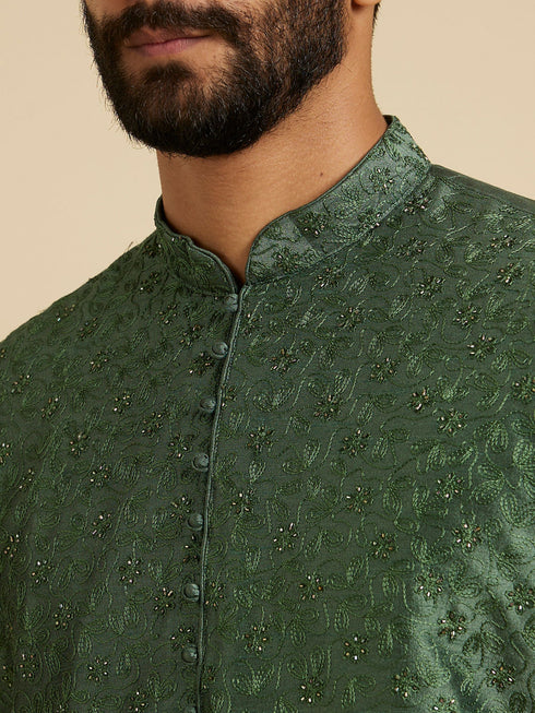 Manyavar Forest Green Sequinned Embroidered Bel Buti Patterned Kurta Set