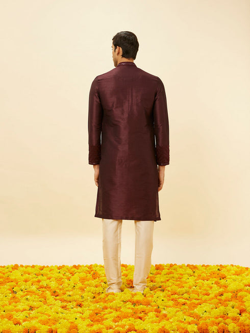Manyavar Wine Red Lattice Patterned Patra Work Kurta Set