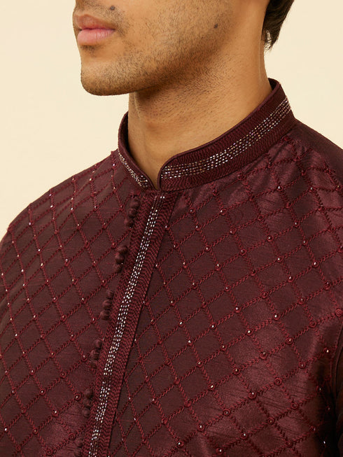 Manyavar Wine Red Lattice Patterned Patra Work Kurta Set