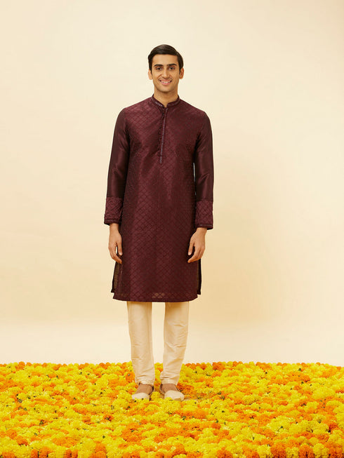 Manyavar Wine Red Lattice Patterned Patra Work Kurta Set