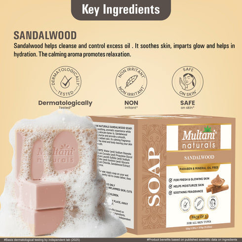 Multani Pharmaceuticals Limited Multani Naturals Sandalwood Soap I Ayurvedic Bath Soap for Men & Women I Handmade Herbal Soap Bar with Sandalwood Extract & Glycerin I Heals & Calms your Skin Reduces Fine Lines