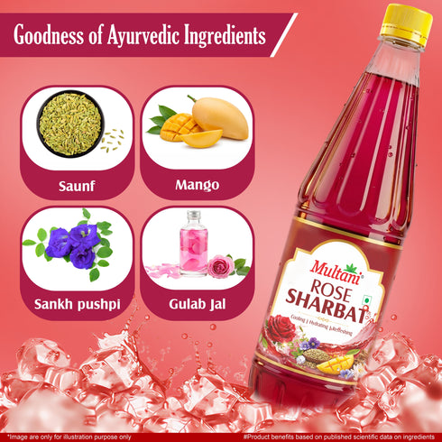 Multani Pharmaceuticals Limited Multani Rose Sharbat Natural refreshing drink enriched with Saunf Rose Mango Khas Nilofar Banafsha & Shankhpushpi Instant summer drink