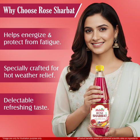 Multani Pharmaceuticals Limited Multani Rose Sharbat Natural refreshing drink enriched with Saunf Rose Mango Khas Nilofar Banafsha & Shankhpushpi Instant summer drink