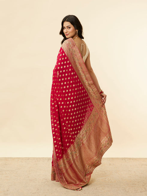 Mohey Berry Red Floral Buta Patterned Cutdana Embroidered Bridal Saree