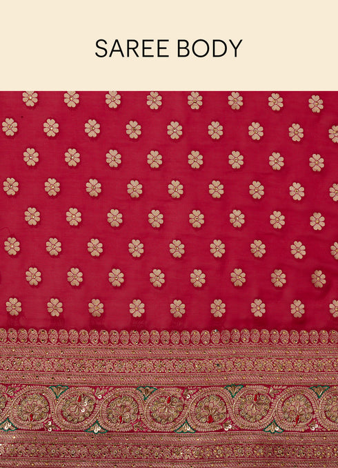 Mohey Berry Red Floral Buta Patterned Cutdana Embroidered Bridal Saree