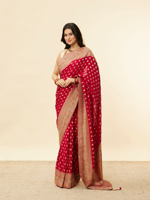 Mohey Berry Red Floral Buta Patterned Cutdana Embroidered Bridal Saree