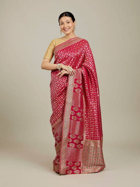 Mohey Dark Pink Zari Embroidered Bridal Saree