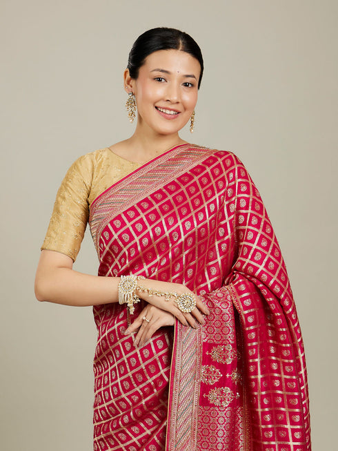 Mohey Dark Pink Zari Embroidered Bridal Saree