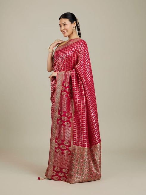 Mohey Dark Pink Zari Embroidered Bridal Saree