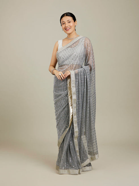 Mohey Light Grey Mirror Work Saree