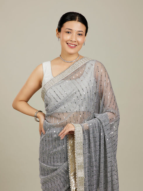 Mohey Light Grey Mirror Work Saree