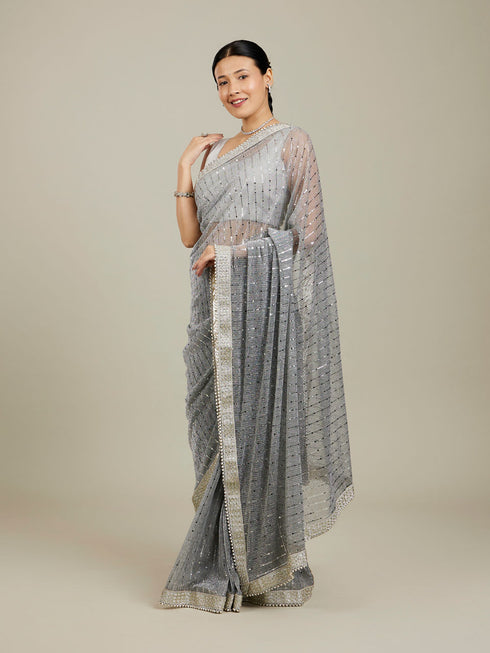 Mohey Light Grey Mirror Work Saree