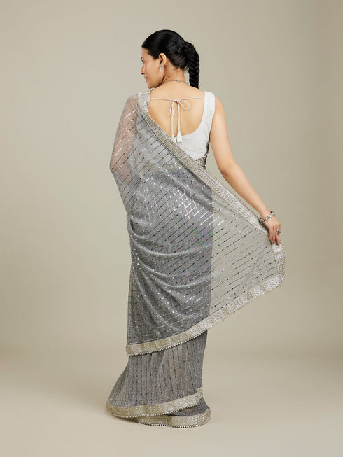 Mohey Light Grey Mirror Work Saree